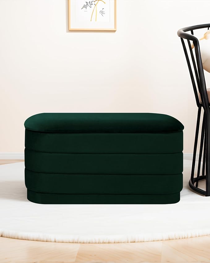 B FSOBEIIALEO Velvet Storage Ottoman with Tray, Folding Ottoman with Storage Coffee Table Shoes Bench for Dorm Room, Living Room Bottle Green, 30"x15"x15"
