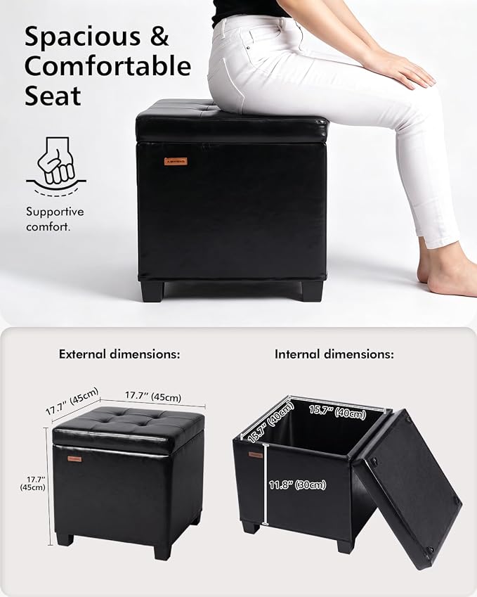 ABHENG Synthetic Leather Cover Steel Frame Ottoman with 48L Storage,17.7" x 17.7" x 17.7" Square Storage Ottoman Stool Cube with Legs,for Dorm Livingroom Black UASND63B