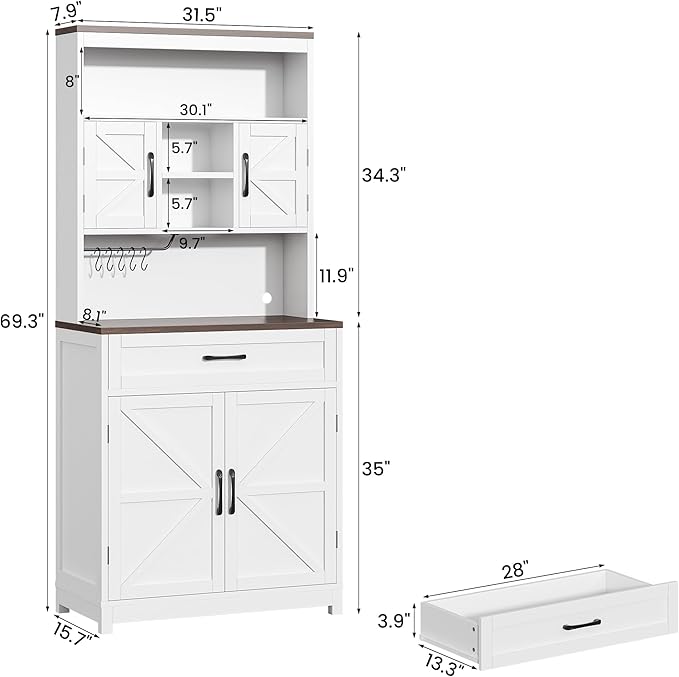 Saudism 70" Tall Farmhouse Kitchen Pantry Cabinet, Wooden Storage Cupboard with Barn Doors, Drawers & Cup Holder, Microwave Stand for Dining Room, White