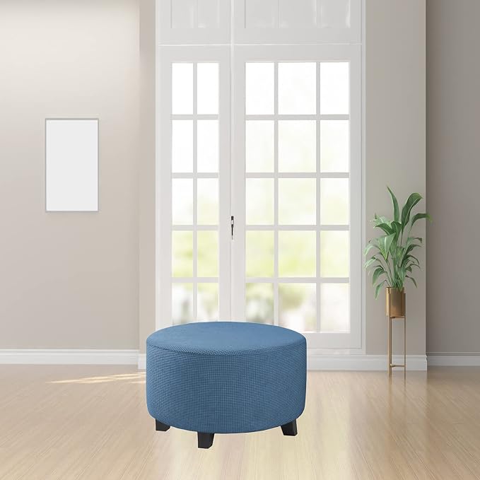 Stretch Ottoman Slipcover – Round Furniture Protector Fits 20"-23" Dia, for Footrests, Storage Ottomans & Folding Stools – Elastic Fabric Cover (Dusty Blue, Medium)