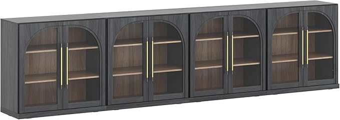BELLEZE Set of 4 Modular Sideboard with Arched Glass Door, 130'' Accent Buffet Cabinet with Storage and Adjustable Shelves,Classic Modern Credenza for Dining Room Living Room Entryway (Ebony)