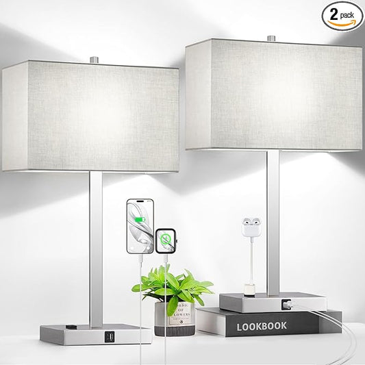 Lynnoland 21" Set of 2 Table lamp with USB A+C & AC Outlets, Touch Control 3-Way Dimmable Nightstand Lamps for Bedroom Living Room Office Reading, Gray Shade Touch Lamps, 5000K LED Bulbs Included