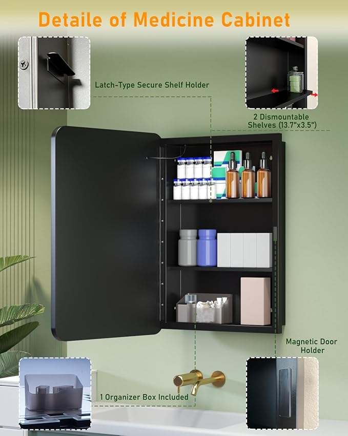 16x24 Inch LED Medicine Cabinet Mirror, Bathroom Mirror with Lights and Storage Wall Mounted & Recessed with Anti-Fog, Dimmable 3 Color Light with Memory, 2 Shelves & 1 Organizer Box, Right Hinge