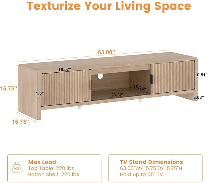 FATORRI TV Stand for TVs up to 75/65/55 Inch, Wood Entertainment Center with Storage, Farmhouse Waveform Fluted-Door Television Media Console for Living Room, Bedroom (63 Inch W, Light Walnut)