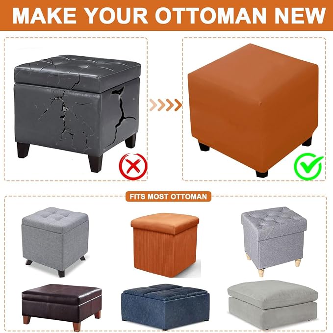 Waterproof Ottoman Cover Square Stretch PU Soft Folding Storage Ottoman Cover with Elastic Bottom Cube Footrest Foot Stool Slipcovers Machine Washable(Large/Orange)