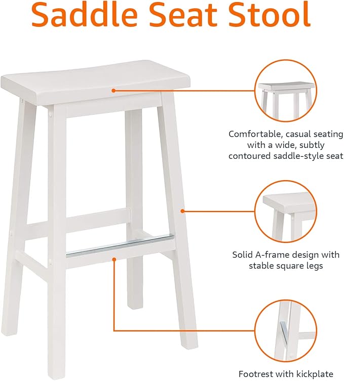 Amazon Basics Solid Wood Saddle-Seat Counter Height Bar Stools for Kitchen Island and Home Bar with Footrest, 29-Inch Height, White, Set of 2