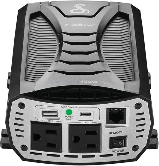 Cobra PURE SINE 400W Power Inverter, Portable – 400 Watt Car Charger, 2 Grounded AC Outlets, 2 Fast Charge USB Ports and Remote Controller (CPIALCDG1) Compatible