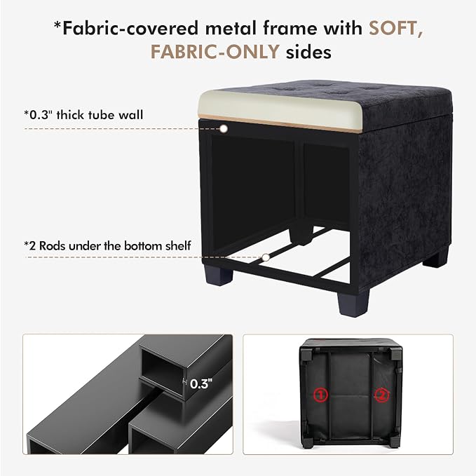 ABHENG Chenille Cover Steel Frame Ottoman with 48L Storage,17.7" x 17.7" x 17.7" Square Linen Storage Ottoman Stool Cube with Legs,for Dorm Livingroom Charcoal UASND641B