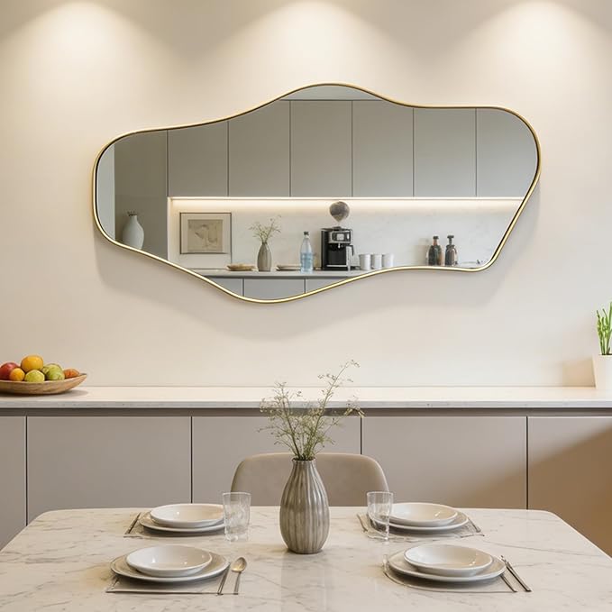 Irregular Wall Mirror, 47"x25" Asymmetrical Aesthetic Mirror with Metal Frame, Modern Organic Shaped Mirrors for Living Room Bedroom Hallway Entryway, Horizontal or Vertical Hanging
