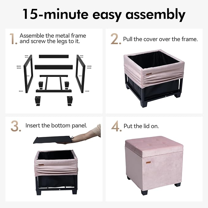 ABHENG 17.7 inches Velvet turfed Ottomans Cube with Legs, Metal-Framed Square Storage Ottoman Foot Rest Stool Holds 770 LB for Dorm Living Room Bedroom Pink UASND64P