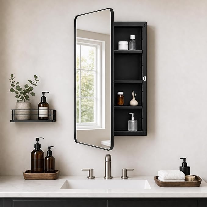 Fundin Black Plastic Medicine Cabinet, Mirror Door with Round Corner Metal Frame, Recessed and Surface Mount Bathroom Wall Medicine Cabinet, 16 x 28 inch Mirror Size