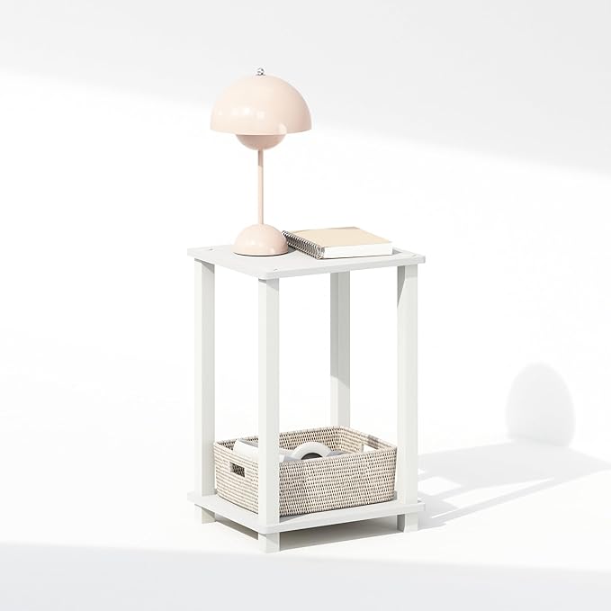 Furinno Simplistic Night Stand, 2-Tier Small Nightstand with Open Shelf, Toolless Assembly Bedside Table, End Table, Side Table, for Bedroom, Closet, Dorm, White