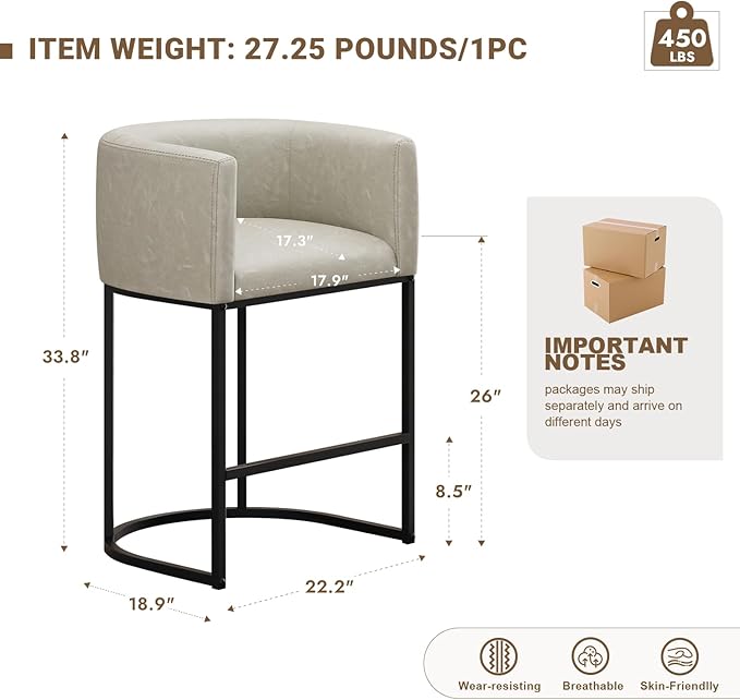 26" H Counter Height Bar Stools Set of 1, Modern Barrel Counter Stools with Backrest and Arms, Faux Leather Upholstered Accent Barstools for Kitchen Island,Support 450 LBS (Grayish White)