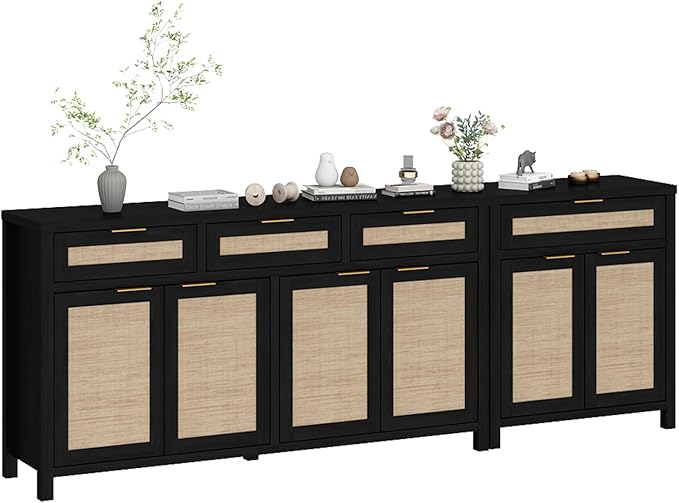 HOKYHOKY 2 Piece Rattan Sideboard Buffet Cabinet, Boho Storage Cabinet with Adjustable Shelves, Farmhouse Credenza Coffee Bar Cabinets with Doors & Drawers for Living Room, Hallway&Kitchen