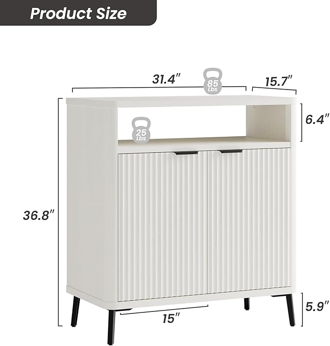 Fatmok Fluted Buffet Cabinet with Storage Set of 2, 31.4" Wide Wood Sideboard Credenza with 2 Doors & Open Storage Shelf, Modern Coffee Bar Table for Living Room Kitchen Dining Room,White