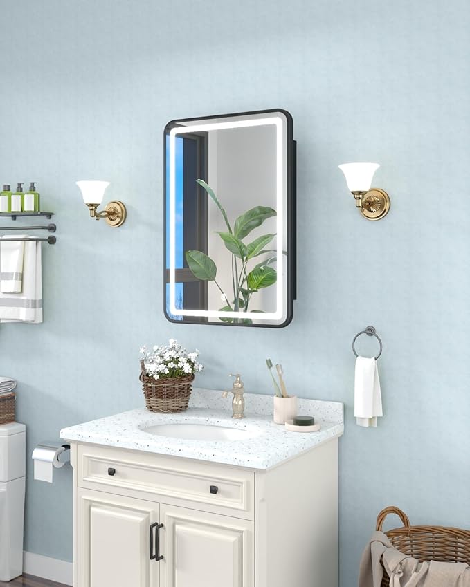 16x24 Inch LED Medicine Cabinet Mirror for Bathroom, Wall Mounted or Recessed Medicine Cabinet with Lights and Mirror, Full Metal, Stable & Removable 2 Shelves, Dimmable 3 Lighting Colors, Black