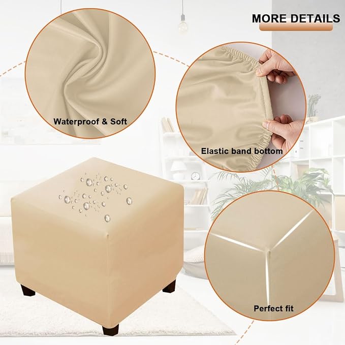 Waterproof Ottoman Cover Square Stretch PU Soft Folding Storage Ottoman Cover with Elastic Bottom Cube Footrest Foot Stool Slipcovers Machine Washable(Small/Beige)