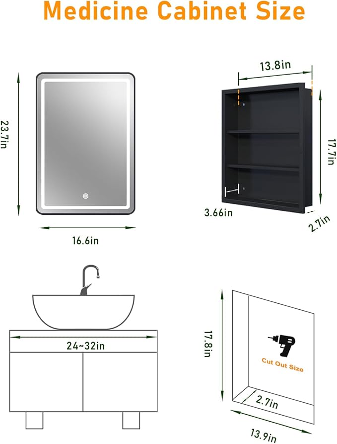 16x24 Inch LED Medicine Cabinet Mirror for Bathroom, Wall Mounted or Recessed Medicine Cabinet with Lights and Mirror, Full Metal, Stable & Removable 2 Shelves, Dimmable 3 Lighting Colors, Black