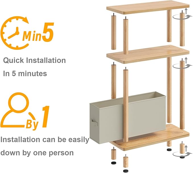 Apicizon Small Narrow Side Table, 3-Tier Skinny End Table for Small Spaces, Slim Nightstand with Fabric Basket, Bedside Table for Living Room, Bedroom, Natural