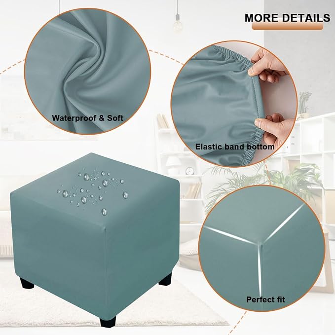 Waterproof Ottoman Cover Square Stretch PU Soft Folding Storage Ottoman Cover with Elastic Bottom Cube Footrest Foot Stool Slipcovers Machine Washable(Large/Light Blue)