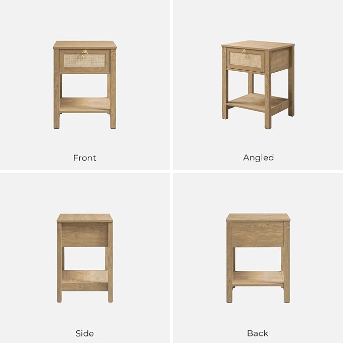 SICOTAS Rattan Nightstand,Rattan Decor Drawer with Brass Knobs Night Stand Bedside Table Boho End Tables Side Tables with Storage Shelf for Bedroom,Small Space