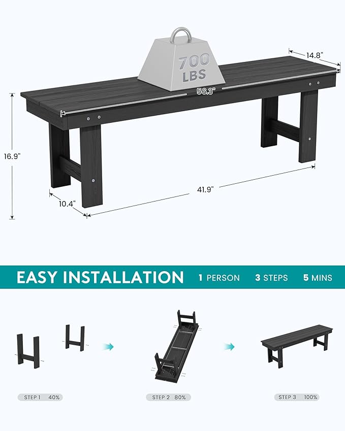 SERWALL 2-Person Outdoor Bench Backless, HDPE Outdoor Benches Weatherproof, 660 Lbs Weight Capacity, Poly Lumber Patio Furniture for Garden, Porch and Park, Black, 2 Pack