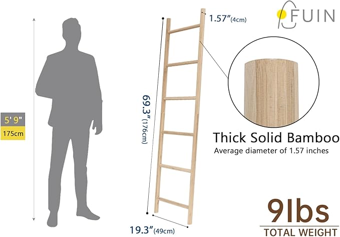 FUIN Fully Assembled 6ft Bamboo Blanket Ladders Living Room Wood Decorative Wall Leaning Farmhouse Quilt Display Holder Rustic Wooden Towel Rack for Bathroom, Unfinished