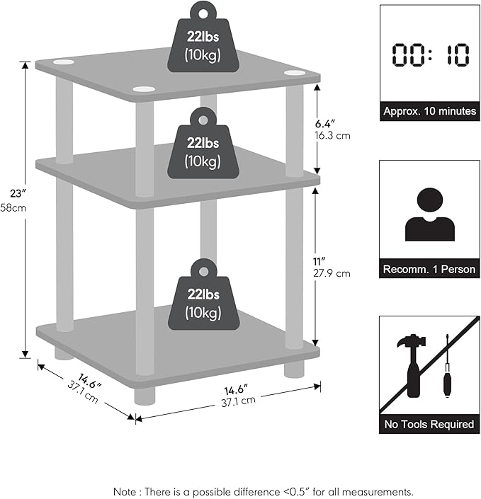 Furinno Turn-N-Tube Night Stand, 3-Tier Nightstand, Open Shelves Bedside Table, Side Table, End Table, Easy Assembly, for Bedroom, Closet, Dorm, Espresso