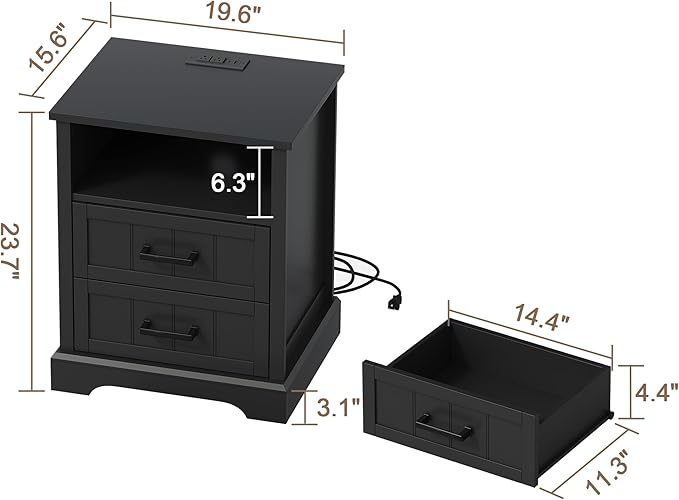 ChooChoo Farmhouse Night Stands with Charging Station, Wood Nightstand Set of 2 with 2 Drawers, Bedside Table with Open Storage Shelf for Bedroom, Black