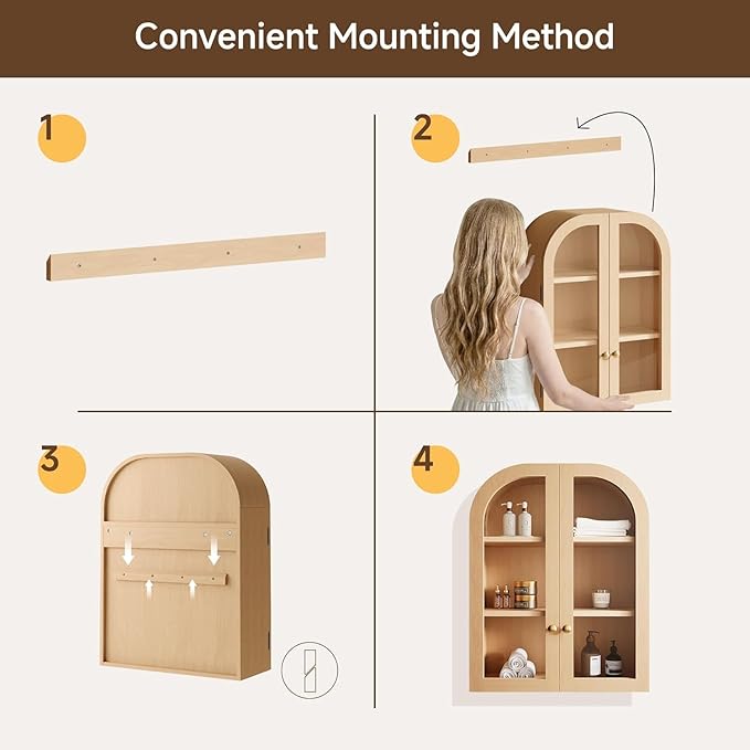 Fatmok Set of 2 Arched Bathroom Wall Cabinets with Glass Doors – Over-The-Toilet Storage Cabinet with Adjustable Shelf, Wood Floating Medicine Cabinet for Bathroom, Laundry Room, Kitchen, Natural Wood