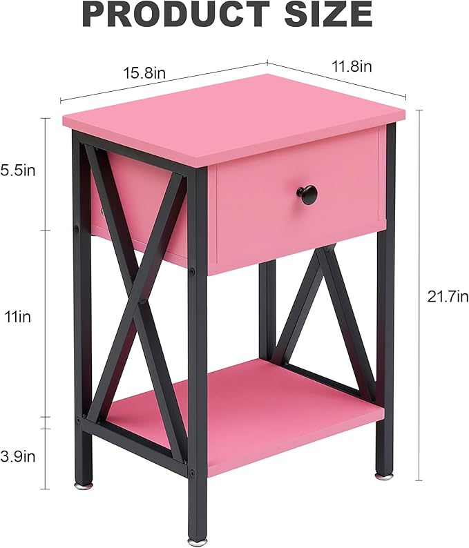 VECELO Nightstands Set of 2, Modern Bedside End Tables, Night Stands with Drawer and Storage Shelf for Living Room Bedroom, Industrial Metal Frame