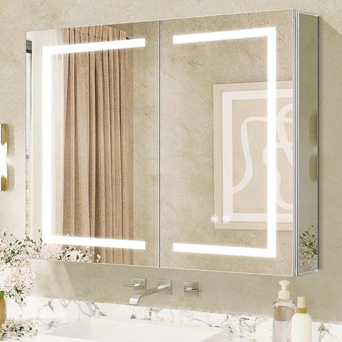 36×32inch Medicine Cabinet with Light,3 Colors&Dimmer,Defogger,USB Shaver Socket,Internal Lighting,Recess Mount&Surface Mount