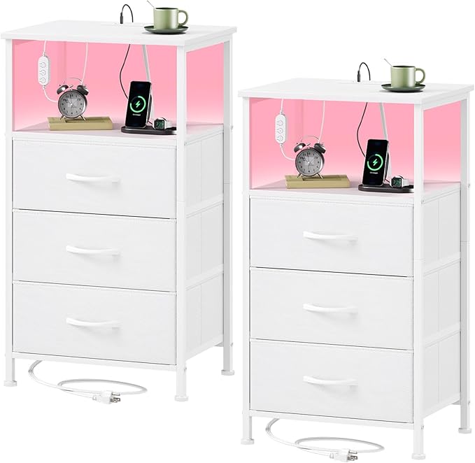 Somdot Nightstands Set of 2,Bedside Tables with Charging Station and LED Lights,Night Stand with 3 Fabric Drawers, End Tables with Open Shelf for Small Spaces Bedroom Entryway Hallway, White Leather