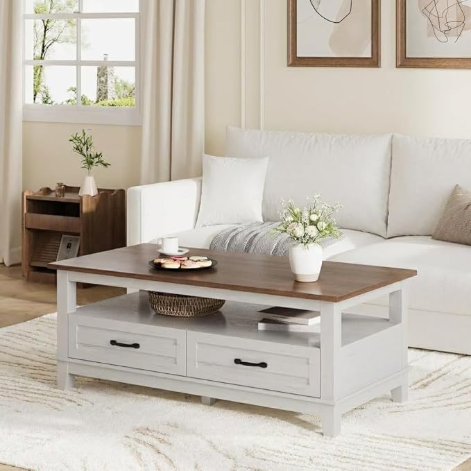 IDEALHOUSE Farmhouse Coffee Table with Drawers, 47.2” Rustic Center Table with Open Shelf and 6 Support Legs, Large Living Room Table with Storage