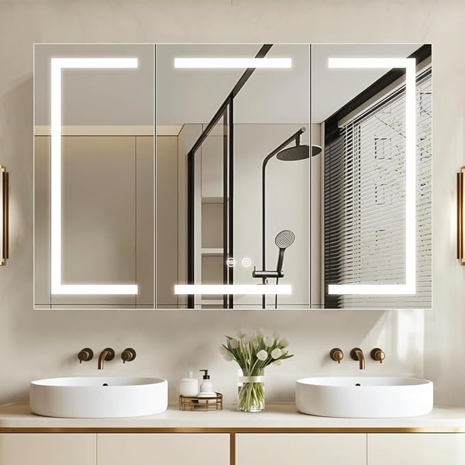 LED Medicine Cabinet,Bathroom Mirror Cabinet with Lights,48×32inch,Equip with Internal Light,Aluminum Construction,USB Shaver Socket,3 Color,Dimmer,Demister,Surface Mounted and Recess Mounted