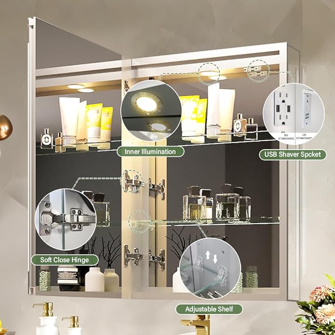 LED Medicine Cabinet,Bathroom Mirror Cabinet with Lights,16×24inch,Equip with Internal Light,Aluminum Construction,USB Shaver Socket,3 Color,Dimmer,Demister,Surface Mounted and Recess Mounted