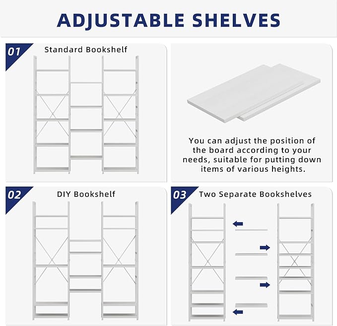 NUMENN Triple Column 5 Tier Bookshelf, Bookcase with 14 Open Display Shelves, Adjustable Rustic Industrial Style Book Shelves, Modern Bookshelves for Bedroom, Living Room and Home Office, White