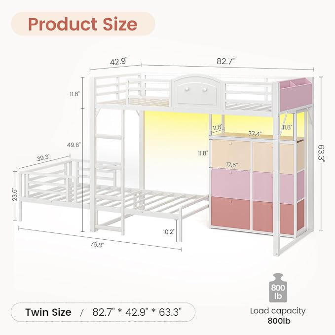 AOGLLATI Bunk Bed Twin Over Twin with 6 Storage Drawers for Kids Teens,Metal Led Loft Bed with Bedside Storage,Safety Guardrails for Small Space, No Box Spring Needed,White