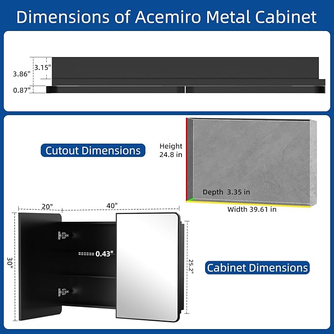 ACEMIRO 40x30 Inch Black Medicine Cabinet Mirror Metal Framed Recessed Bathroom Medicine Cabinets with Mirror and Storage Wall Mounted