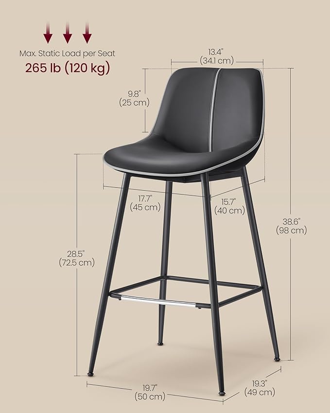 VASAGLE Bar Stools Set of 4, Bar Height Bar Stools with Back, Ergonomic Backrest, Synthetic Leather, Metal Legs, 28.5-Inch Tall Barstools for Kitchen Island Home Bar, Easy Assembly, Ink Black