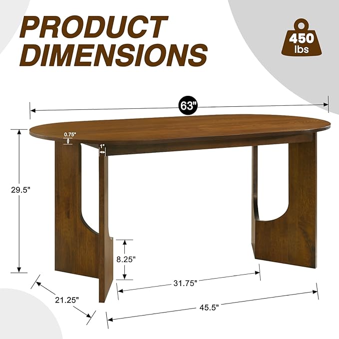 VESCASA 63" L Walnut Wood Oval Dining Table for 6, Solid Wood Kitchen Table with Wooden Legs for Dining Room, Restaurant