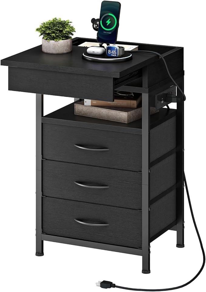 HOOBRO Nightstand with Charging Station, Bedside Table with Fabric Drawers, End Table with Lockable Hidden Compartment, 2 AC Outlets, 1 USB-A, 1 Type-C, for Bedroom, Black BB143UBZ01