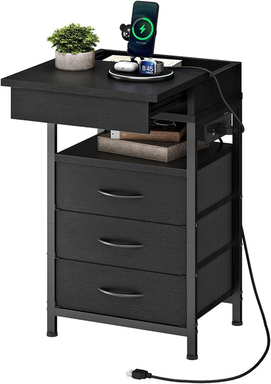HOOBRO Nightstand with Charging Station, Bedside Table with Fabric Drawers, End Table with Lockable Hidden Compartment, 2 AC Outlets, 1 USB-A, 1 Type-C, for Bedroom, Black BB143UBZ01