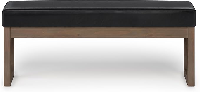 SIMPLIHOME Milltown Large Ottoman Bench - 44 inch Wide Upholstered Vegan Leather Rectangle Footstool Ottoman in Midnight Black, Contemporary Bench for Bedroom with Cushioned Seat, Assembled
