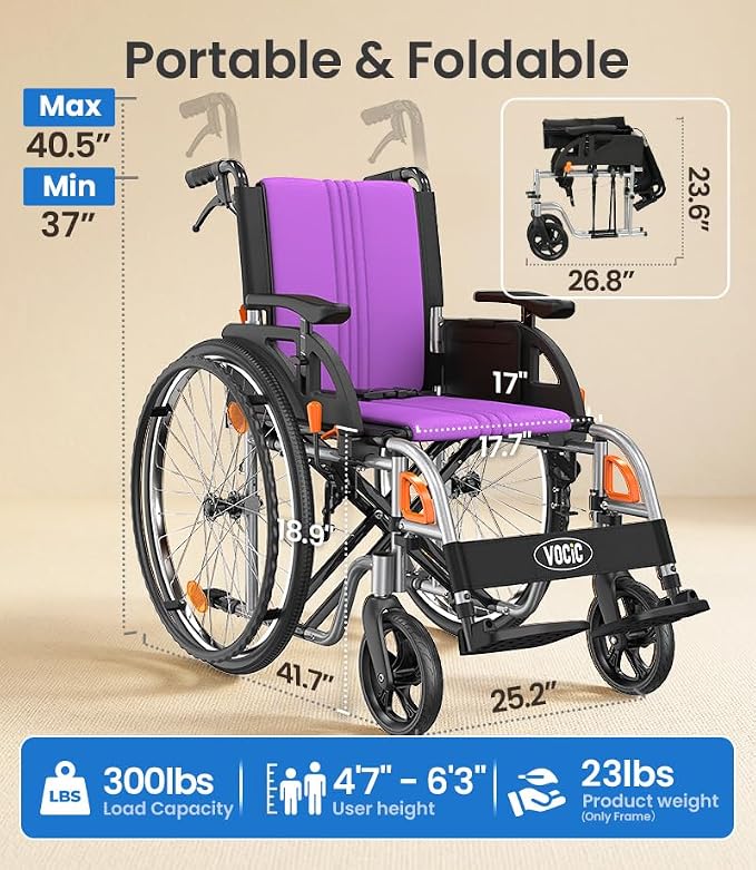 VOCIC Ultra Lightweight Wheelchair for Adults, 23lb Frame Portable Foldable Self-Propelled Wheelchairs for Seniors with Quick Release Wheels, Swing-Away Footrests,Flip-Back Arm, 300 lbs Purple