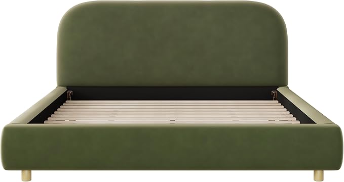 Merax Queen Size Velvet Fabric Upholstered Platform Bed with Curved Shaped Headboard, Wood Bed Frame with Solid Round Legs for Kids Teens Adults, Olive Green
