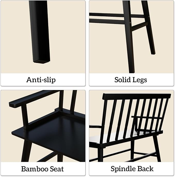 Dining Bench for Kitchen & Dining Room – Bamboo Wood Bench with Spindle Back & Armrests, Farmhouse Entryway Bench, Indoor Bedroom Bench, Versatile Entry Bench & Outdoor Bench Seating（Black with Arm）