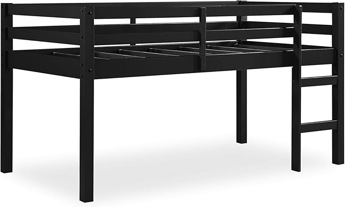 DHP Milton Twin Loft Bed with Safety Guard Rail, Black, Space Saving Junior Size, Pine Wood