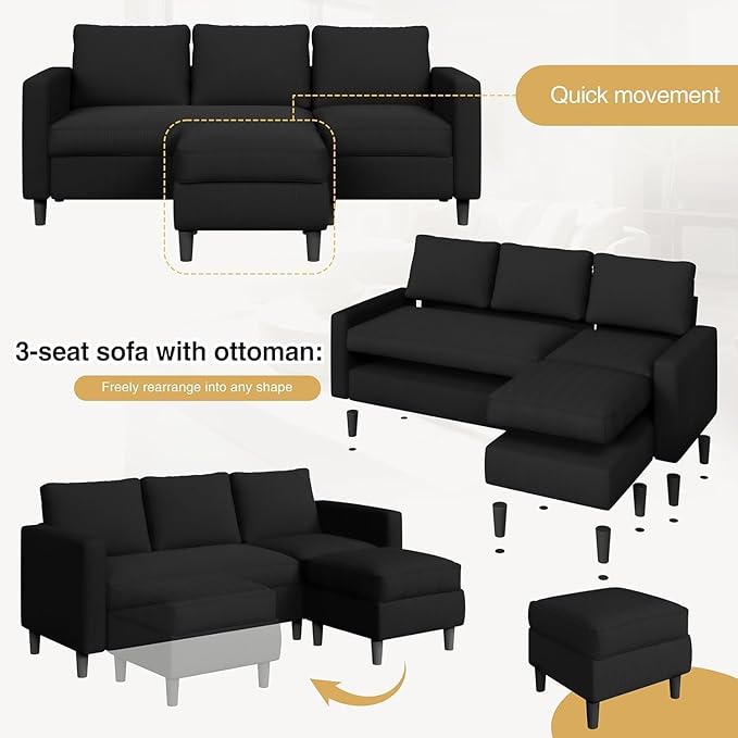 JAMFLY Sectional Sofa for Living Room, 3-Seat Reversible Couch with Convertible Ottoman, Modern L-Shaped Sofas for Small Apartment, Studio & Office, Tool-Free Easy Assembly, Black