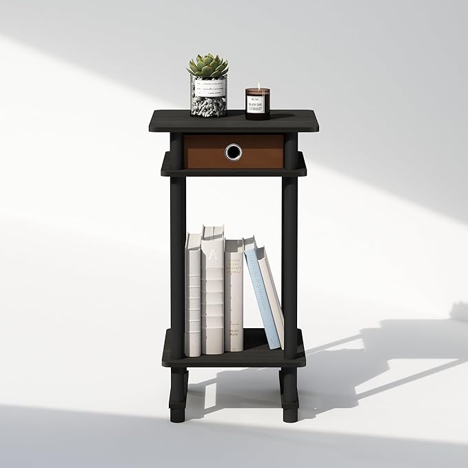 Furinno Turn-N-Tube Tall Nightstand with Bin, 1-Pack, Plastic Poles, Espresso/Brown